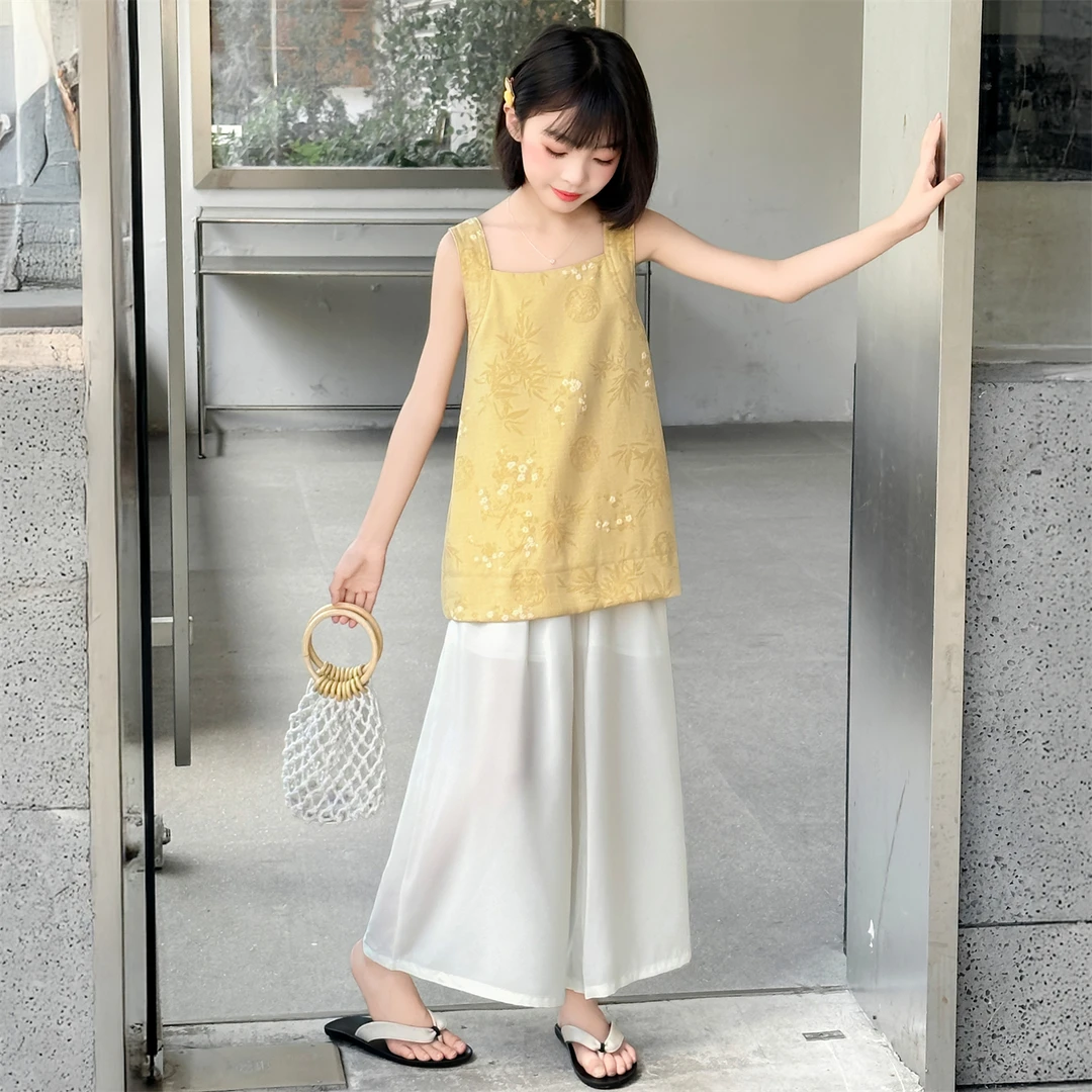 女夏装洋气条纹飞袖女童套装女装阔腿休闲风韩版夏季国风宽松国风