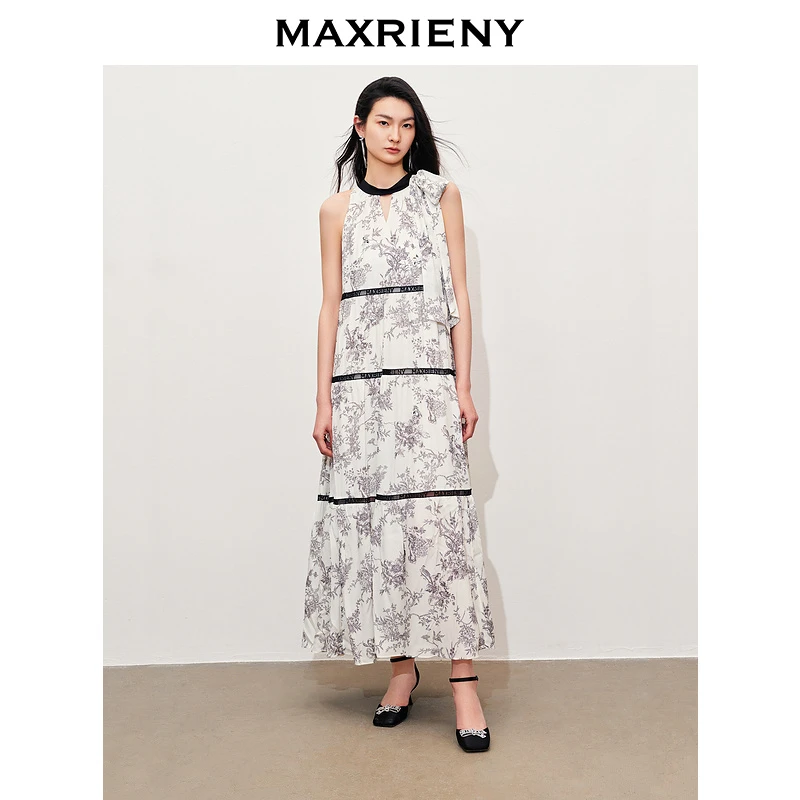 【商场同款】MAXRIENY国风手绘撞色抽褶挂脖连衣裙24夏季新款裙子