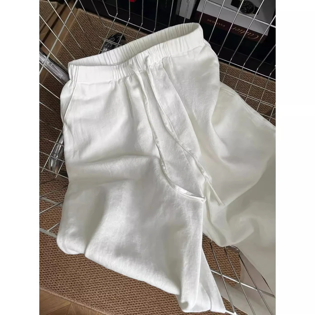 高腰阔腿裤纯色长裤夏季休闲裤宽松慵懒极简风通勤薄款白色垂感