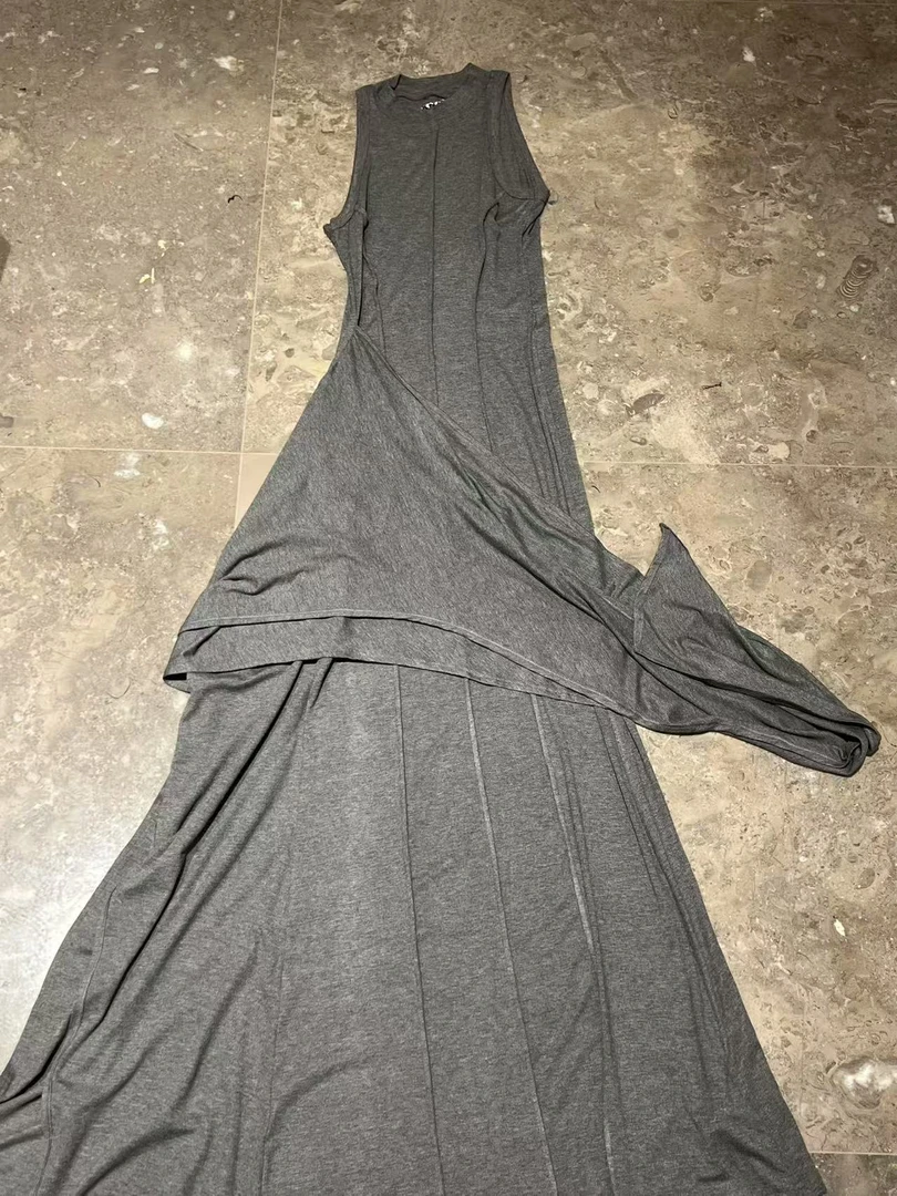 DOUWU【灰姑娘】灰色圆领砍袖腰封连衣裙LYQ13600