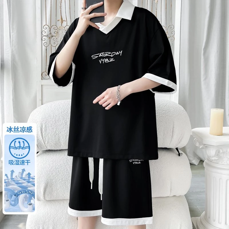 隐匿者夏季新款百搭男士休闲套装港风百搭速干冰丝透气套装大童男