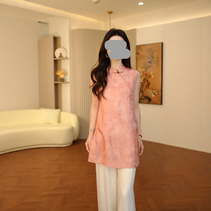 新中式国风盘扣立领印花无袖衬衣女2025夏季新款洋气开叉粉色上衣