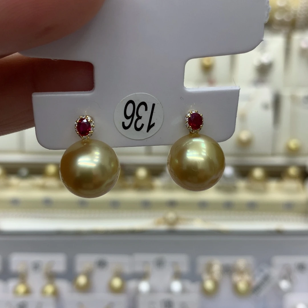 海水珍珠耳饰18K金镶嵌钻 石红宝 石11/12