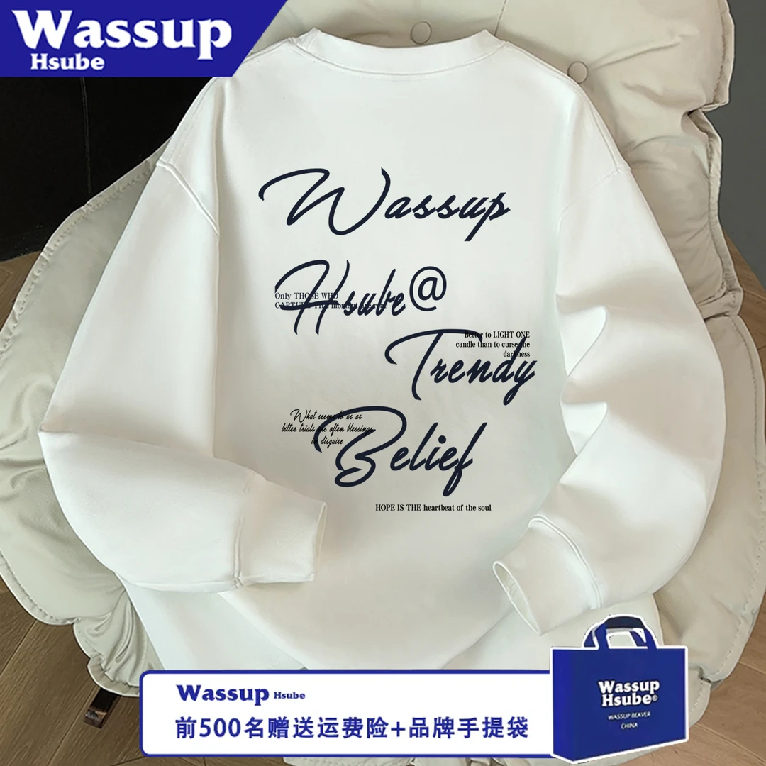 WASSUP HSUBE美式长袖秋冬休闲艺术字母百搭潮流宽松印花情侣上衣