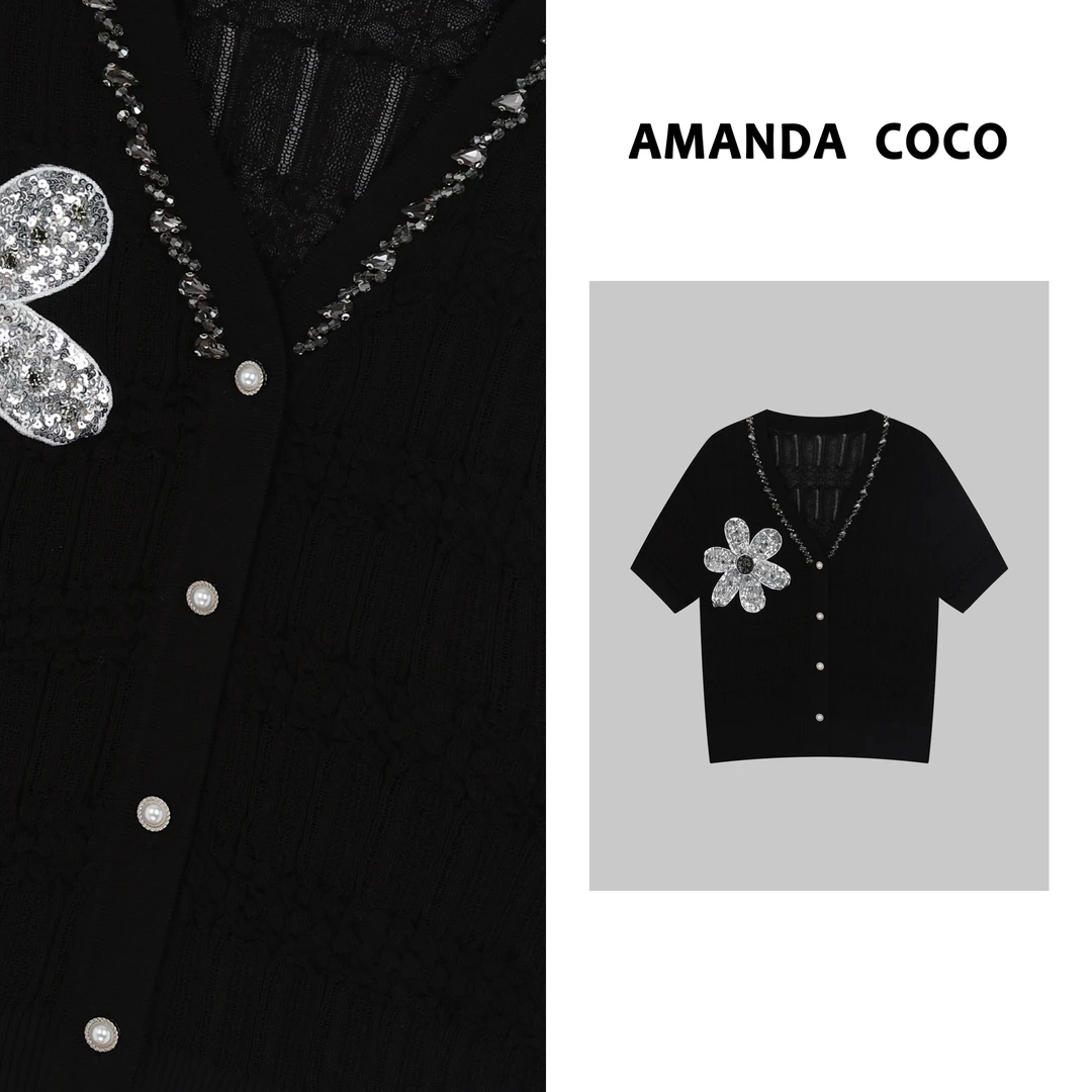 AMANDACOCO灿灿#盛夏云裳～薄款亮片花朵法式肌理感短袖针织衫