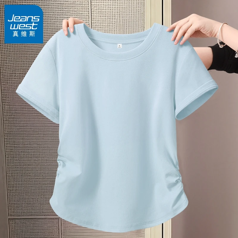 真维斯无界蓝色短袖t恤女士2025新款夏季多巴胺抽皱短款上衣修身