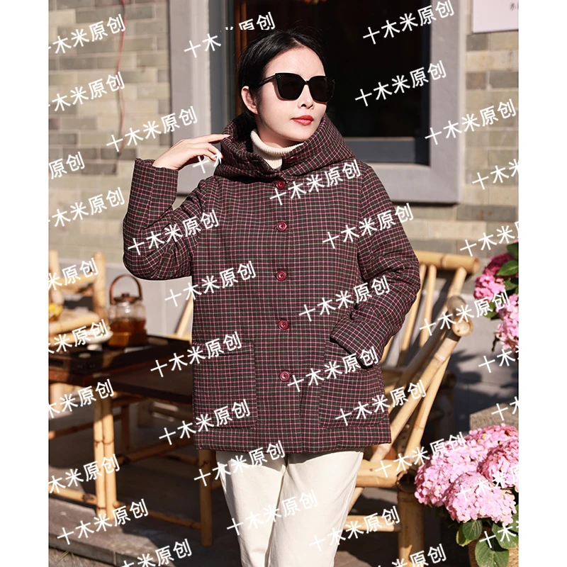小团圆/十木米原创冬新款全棉色织格子百搭连帽加厚棉服短外套女