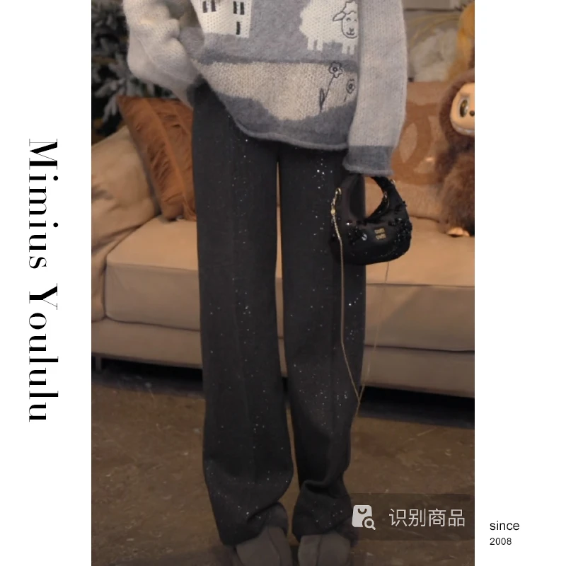 【mimius】喵喵 重工细闪高腰宽松直筒加绒加厚休闲裤 F11232
