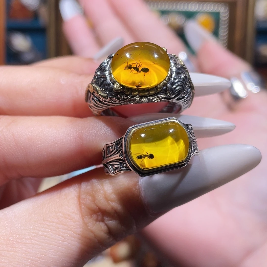 琥珀银S925镶嵌戒指
