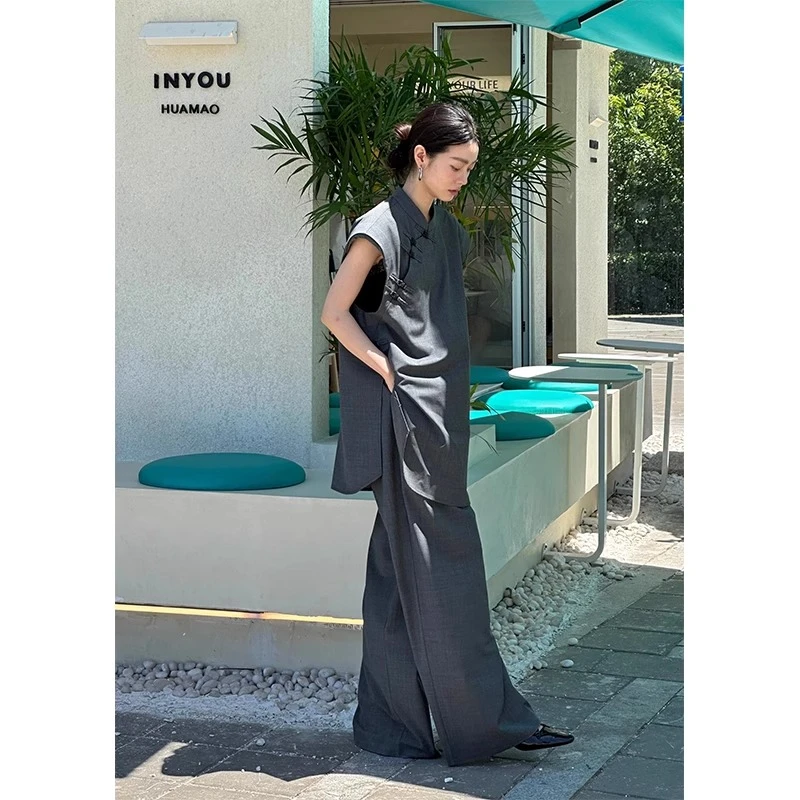小众艺术感时尚套装女夏2024新中式休闲灰色无袖马甲阔腿裤两件套