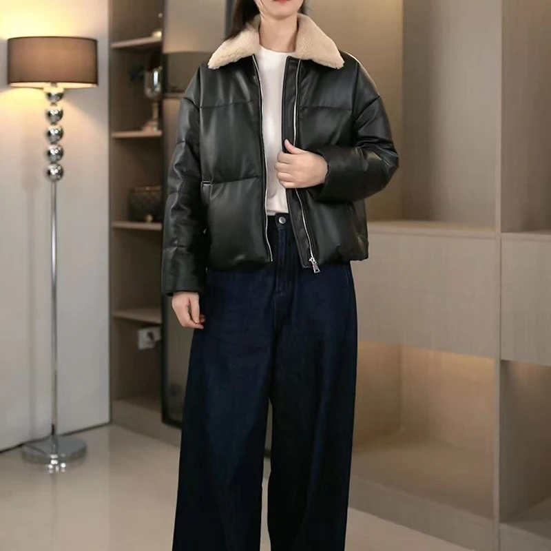 2569羊皮女士皮衣加厚鹅绒翻领冬季显瘦韩版短款外套羽绒服