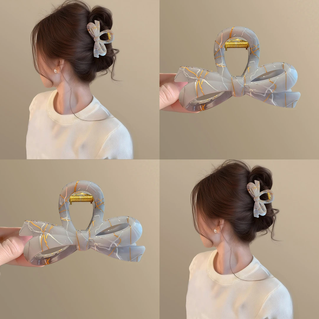 米娅金灰！金银线醋酸蝴蝶结抓夹！2025新款半扎发鲨鱼夹女盘发器