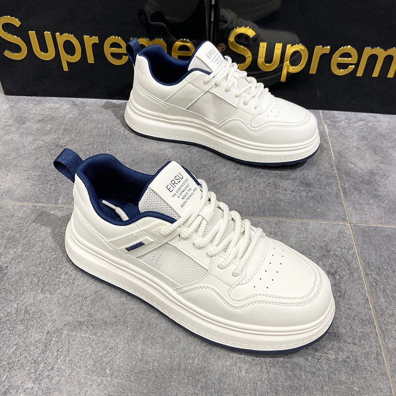 2025韩版ins皮网面拼接运动时尚板鞋厚底百搭透气低帮小白鞋男鞋