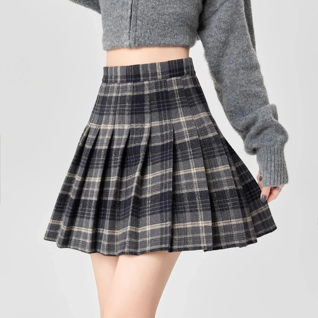 高腰格子毛呢半身裙秋冬大码学院风字中裙适合微胖百褶裙短裙冬