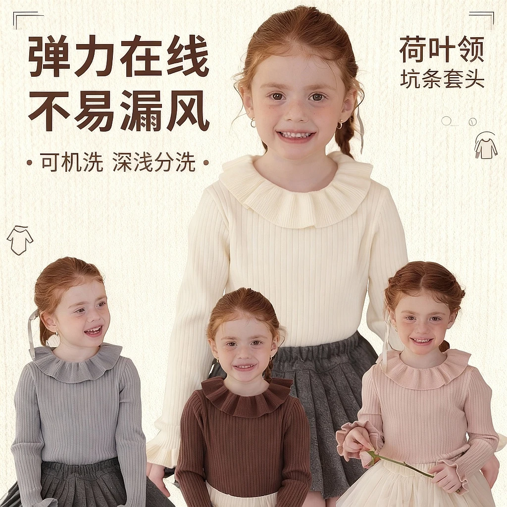 初煦 进店B入！女童秋冬荷叶领打底衫 女宝宝百搭毛衣软糯针织衫