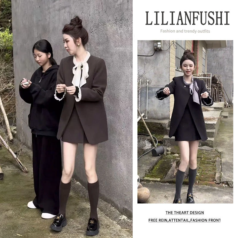 今年流行漂亮套装2025新款洋气设计感宽松长袖外套显瘦短裙两件套