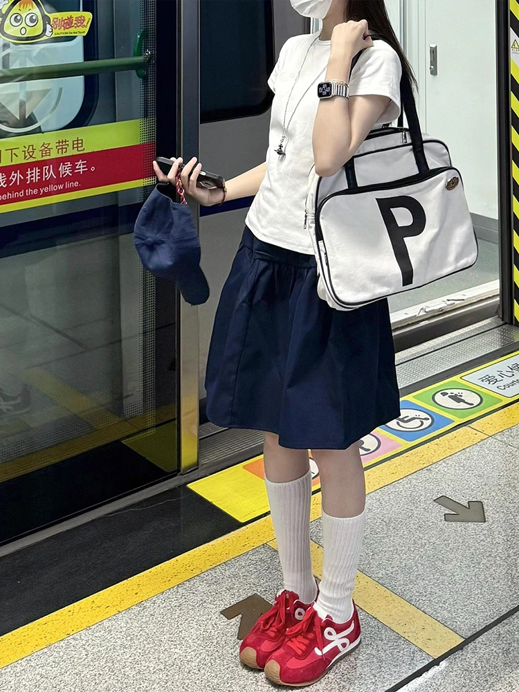 盐系学院风运动套装女夏季新款百搭显瘦正肩短袖休闲半身裙两件套