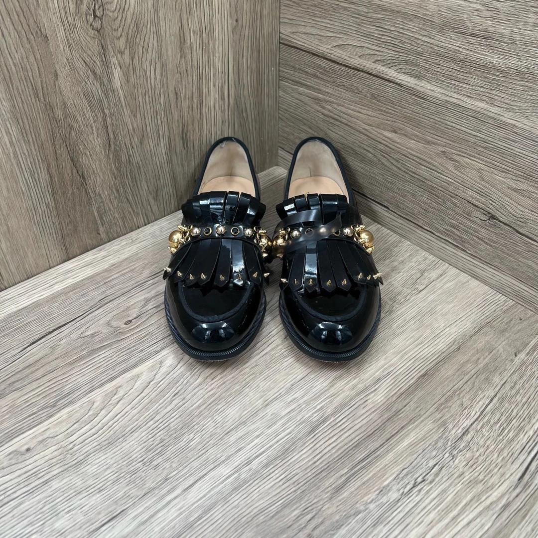 95新 Christian Louboutin/克里斯提·鲁布托 黑色流苏皮鞋 38.5码