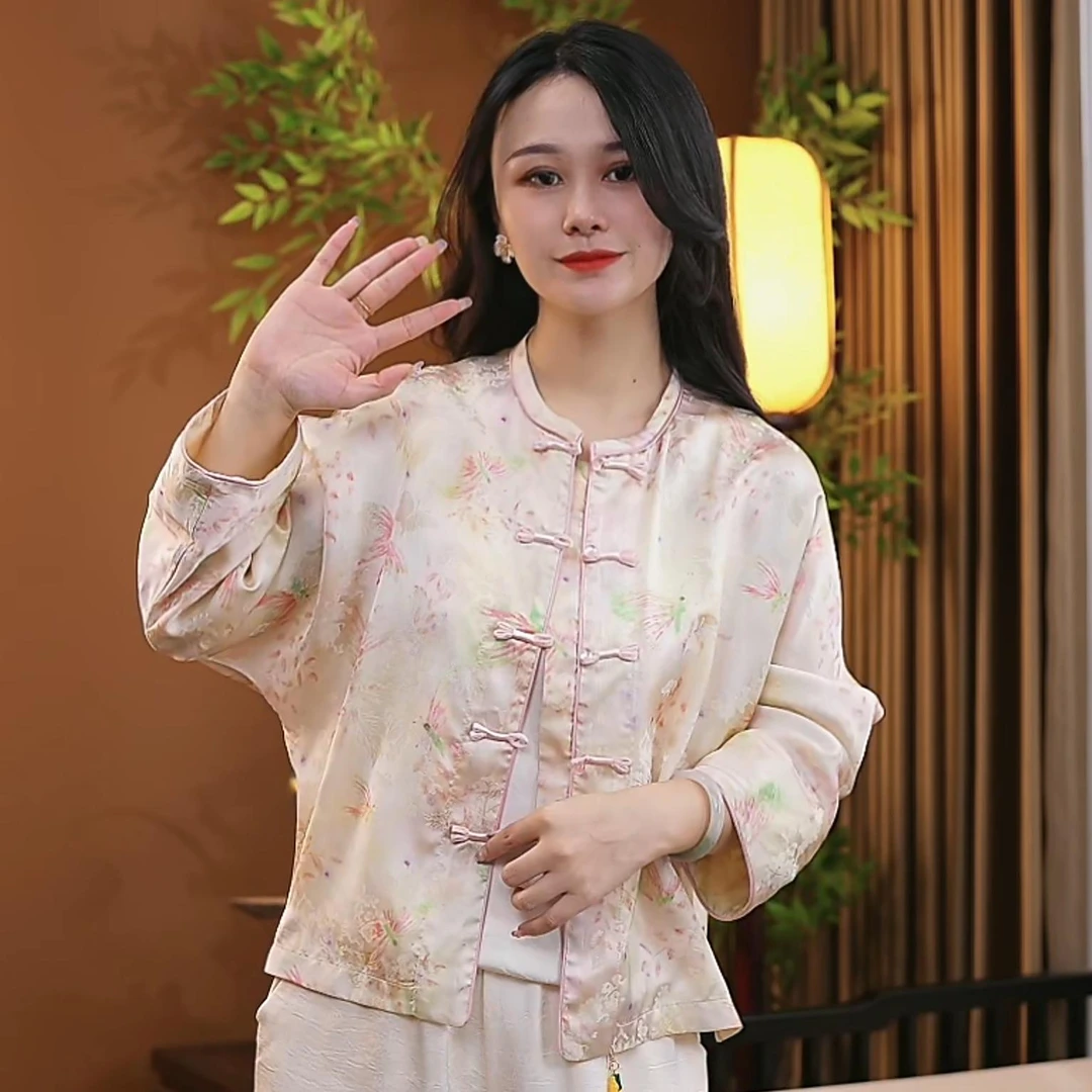 夏季新中式桑蚕丝盘扣衬衫时尚提花中国风百搭宽松长袖上衣S046