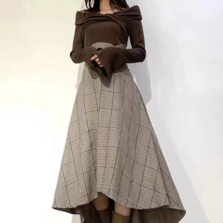 百褶通勤长裙女装套头一字领中长款秋季裙子连衣裙毛呢秋冬