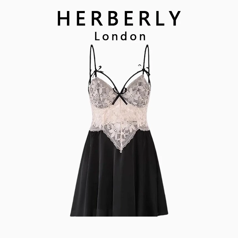 英国 HERBERLY 法式黑色睡衣女夏季2025新款性感蕾丝吊带睡裙