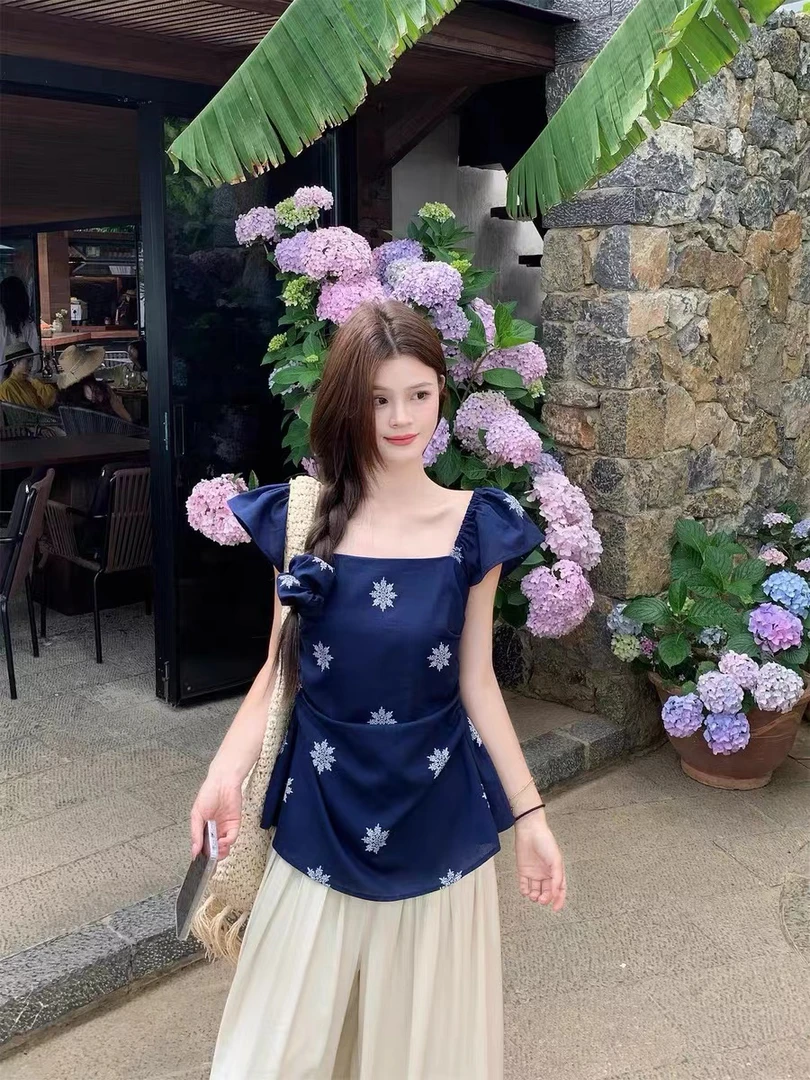 ZY@M9528 （裤长99）法式方领褶皱掐腰上衣飘飘裤套装 6-2