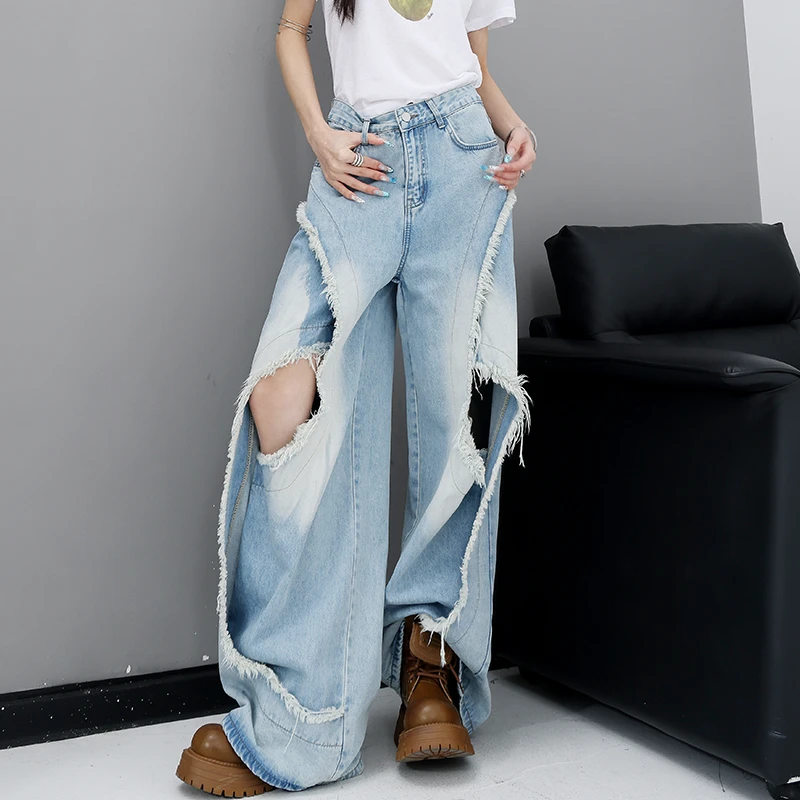 QIUQIU STUDIO美式复古磨白毛边破洞牛仔裤女宽松显瘦拖地阔腿裤