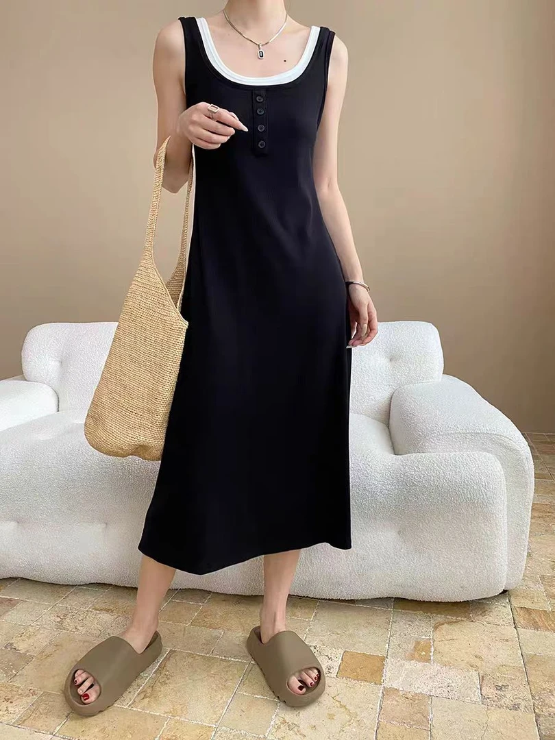 2117-【雪儿】夏季新款女装高品质简约纯色背心连衣裙中长款裙子