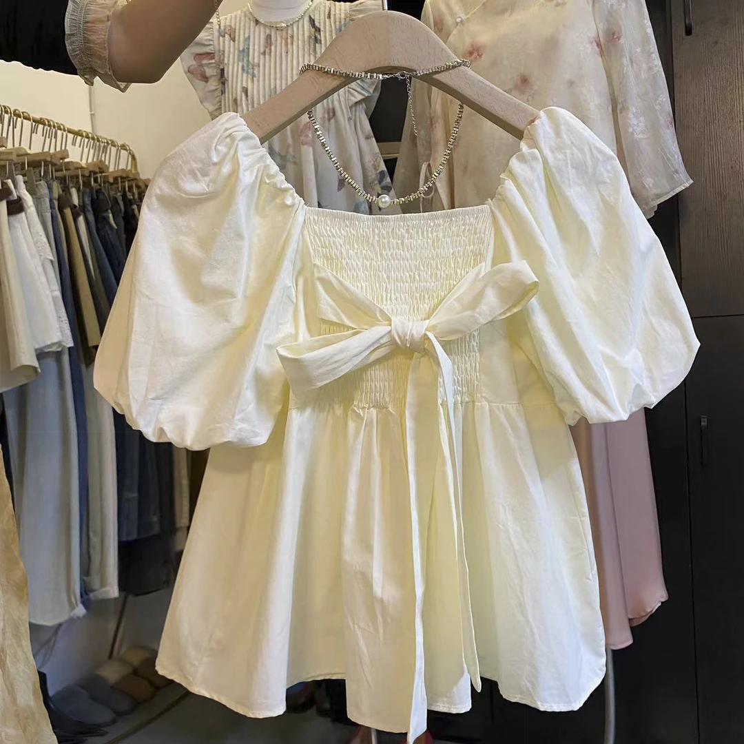 璎婲sᴀᴋᴜʀᴀ【陌上杏茶】星韩版甜美方领小衬衫蝴蝶结设计感宽松衬衫