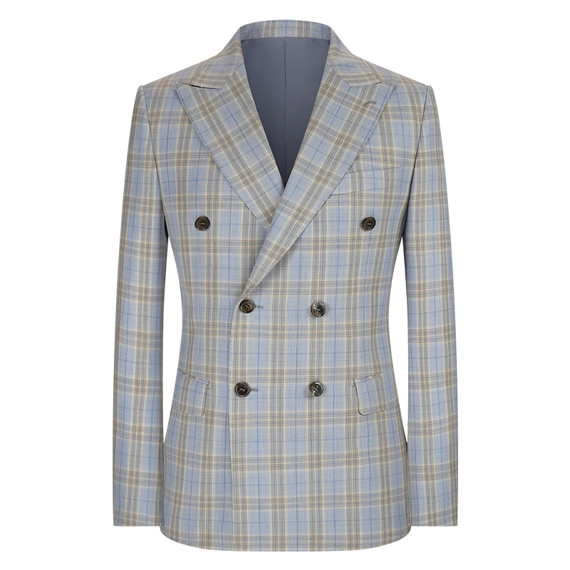 本派男士「半麻衬双排扣戗驳领浅蓝格子羊毛西装」休闲修身西服外套
