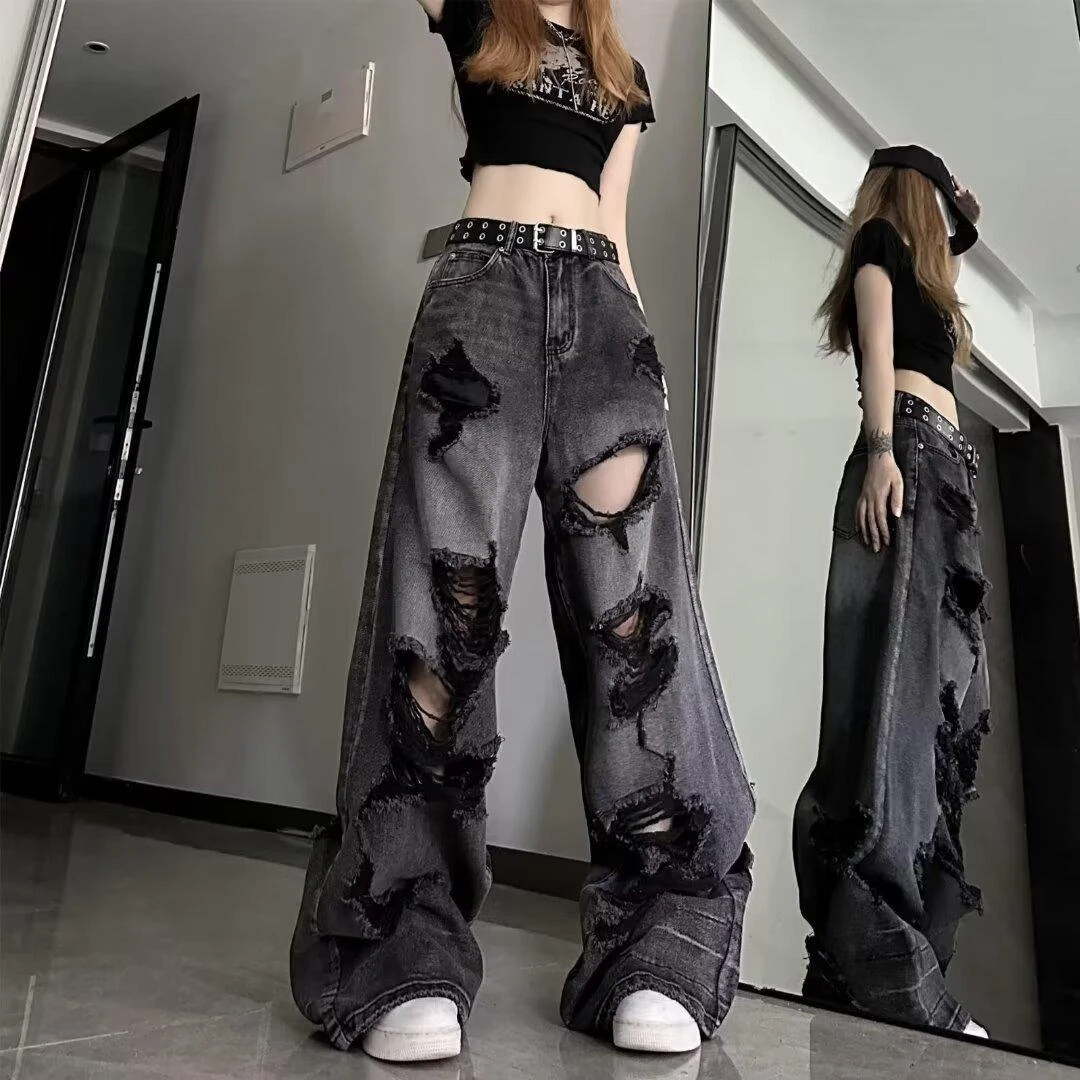 美式高街小众设计感超火破洞裤子女生夏季ins暗黑风牛仔直筒裤子