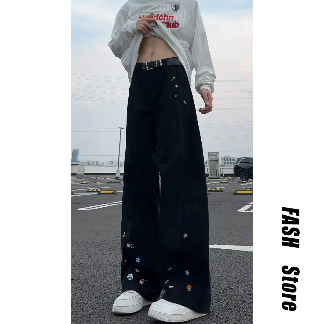 美式复古卡通刺绣弯刀牛仔裤男女秋季新款宽松情侣百搭阔腿休闲裤
