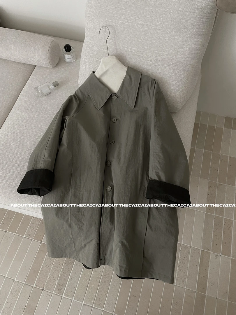 CAICAI春季新款双面穿翻领风衣外套女韩系简约防风中长款大衣707