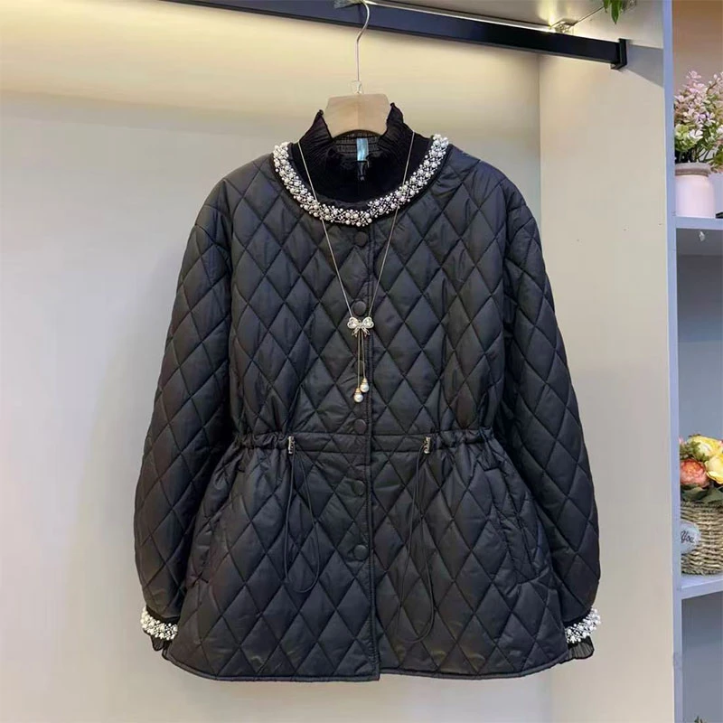 大码女装时尚休闲洋气欧货钉珠高级感棱格收腰棉服套装棉衣