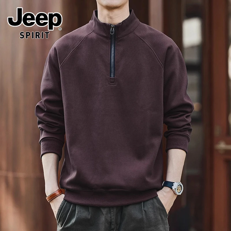 JEEPSPIRIT吉普美式立领长袖卫衣男士秋季新款潮牌宽松半拉链上衣