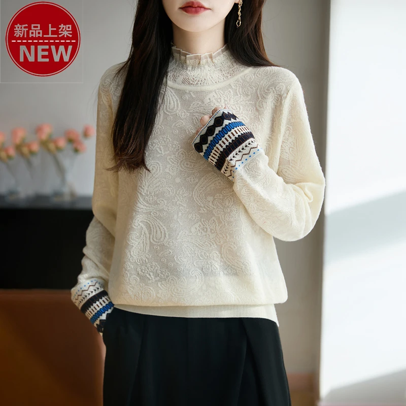 哥弟阿玛施正品蕾丝半高领优雅镂空提花民族风气质百搭休闲针织衫