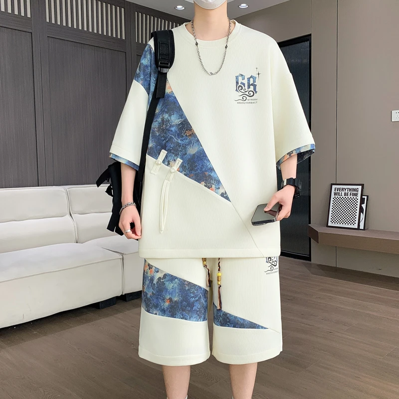 潮森罗T恤夏季短袖胖男生休闲运动套装印花休闲半袖帅气痞帅运动