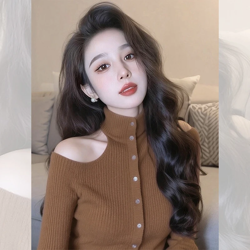 小众炸街高级感咖色露肩针织衫女秋冬可外穿精致打底独特漂亮上衣