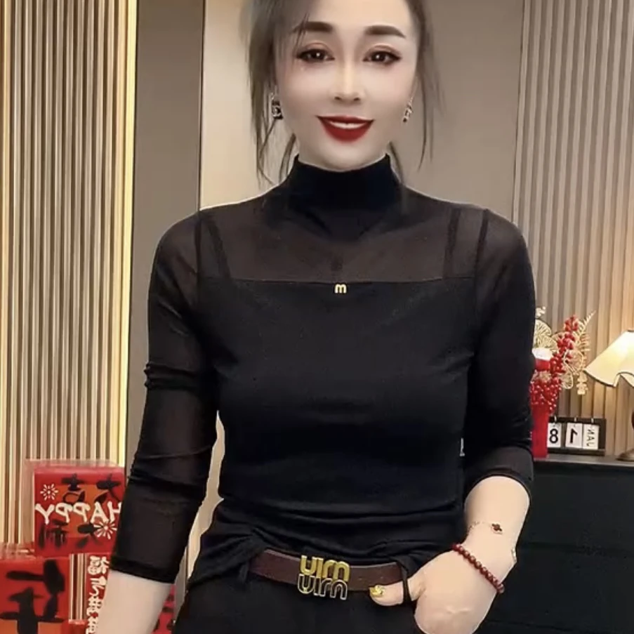 新款时尚气质百搭半高领长袖弹力网纱修身洋气显瘦打底衫