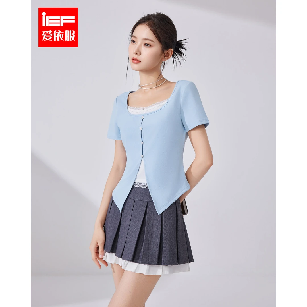 IEF/爱依服2025夏季新款甜美淑女气质纯欲风短款修身上衣流光风