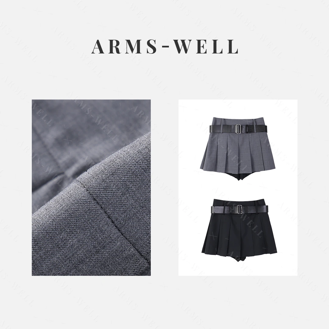 ARMS WELL王囡囡 黑/灰色羊毛学院风百褶裙裤（有内衬 有腰带）L61