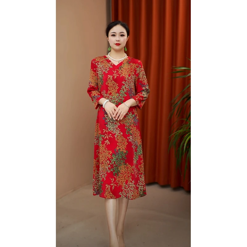 花财YJ1466时尚妈妈装中长款连衣裙