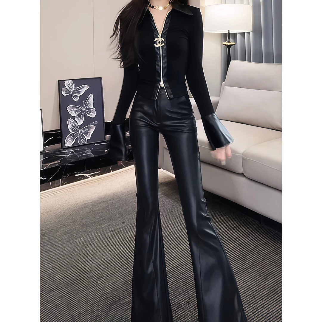 2025御姐女神又酷又飒高级感套装早秋薄款显瘦上衣高腰皮质喇叭裤