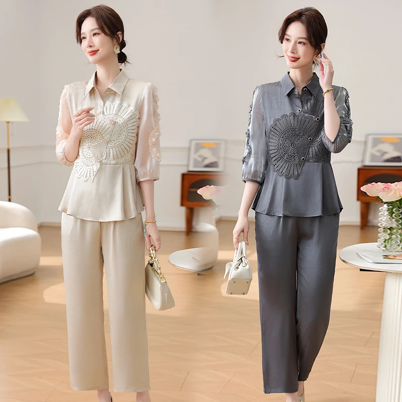 夏季妈妈装时尚新中式套装2025新款刺绣上衣裤子气质优雅两件套潮