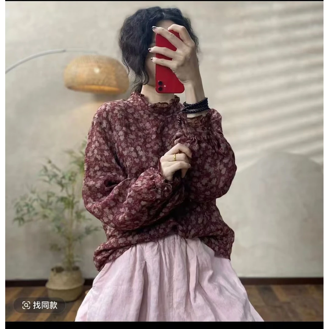 秋冬新款苎麻双层印花款上衣时尚木耳领碎花复古宽松气质洋气百搭