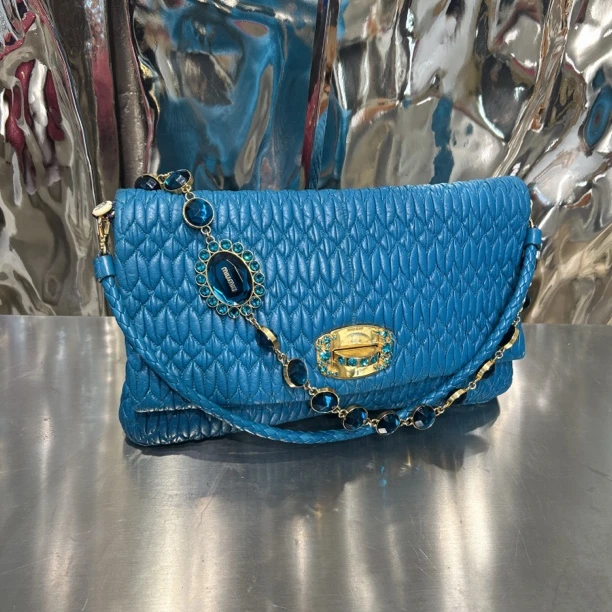 99新 MIU MIU/缪缪 蓝色 单肩褶皱 宝石