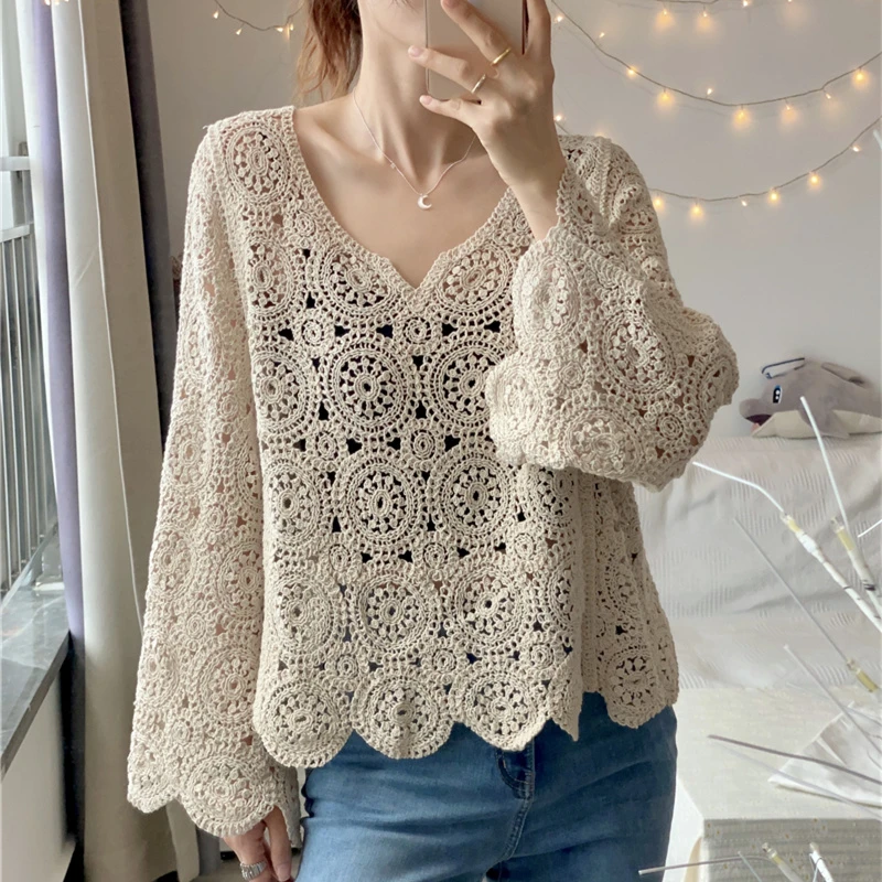 [204]钩花镂空针织衫女外搭上衣长袖洋气v领镂空罩衫宽松百搭女