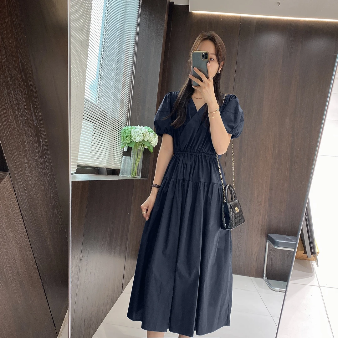 IMFLY金小金自制女装 连衣裙DYQ723法式V领纯色气质收腰连衣裙