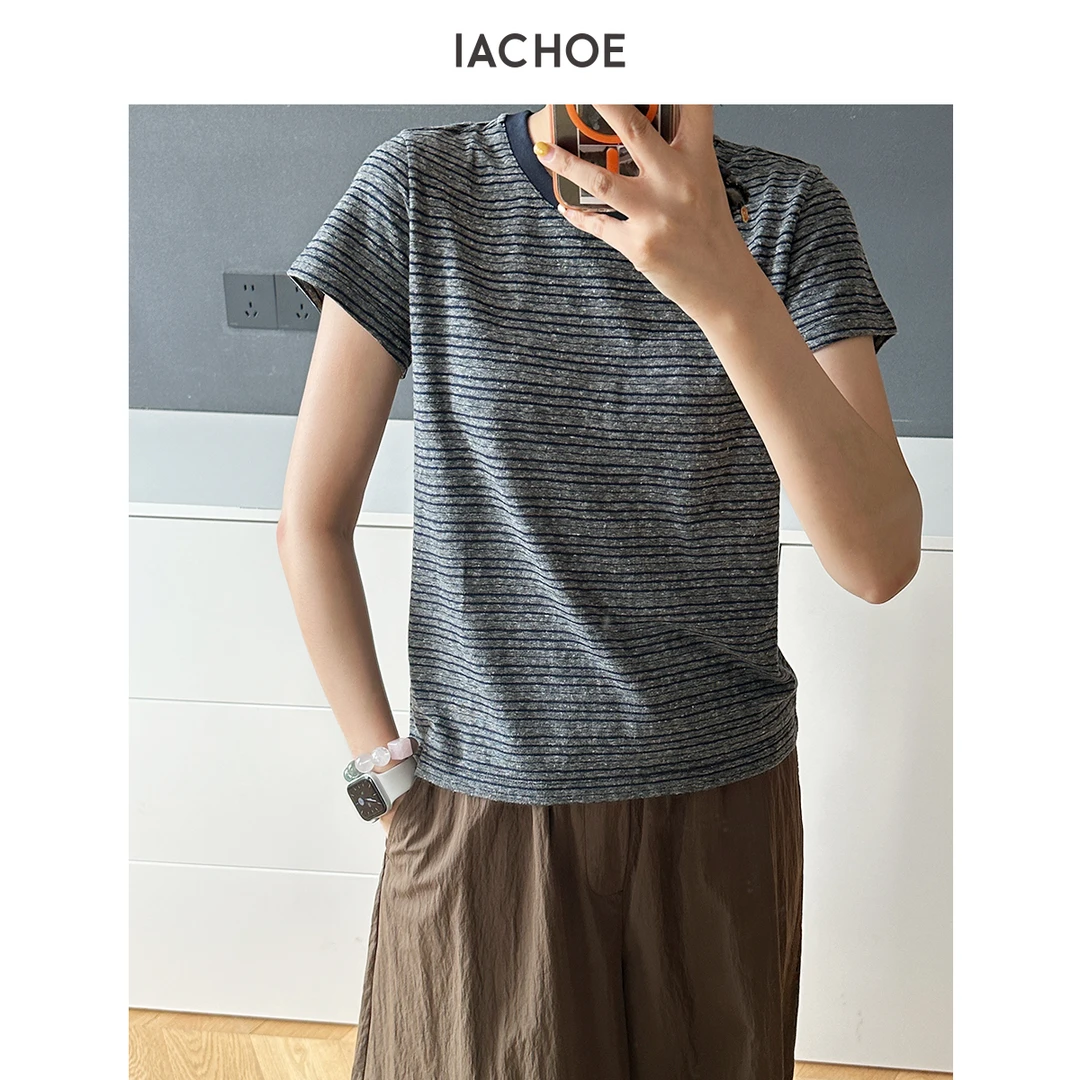 IACHOE 细条纹撞色圆领T恤3631501033*
