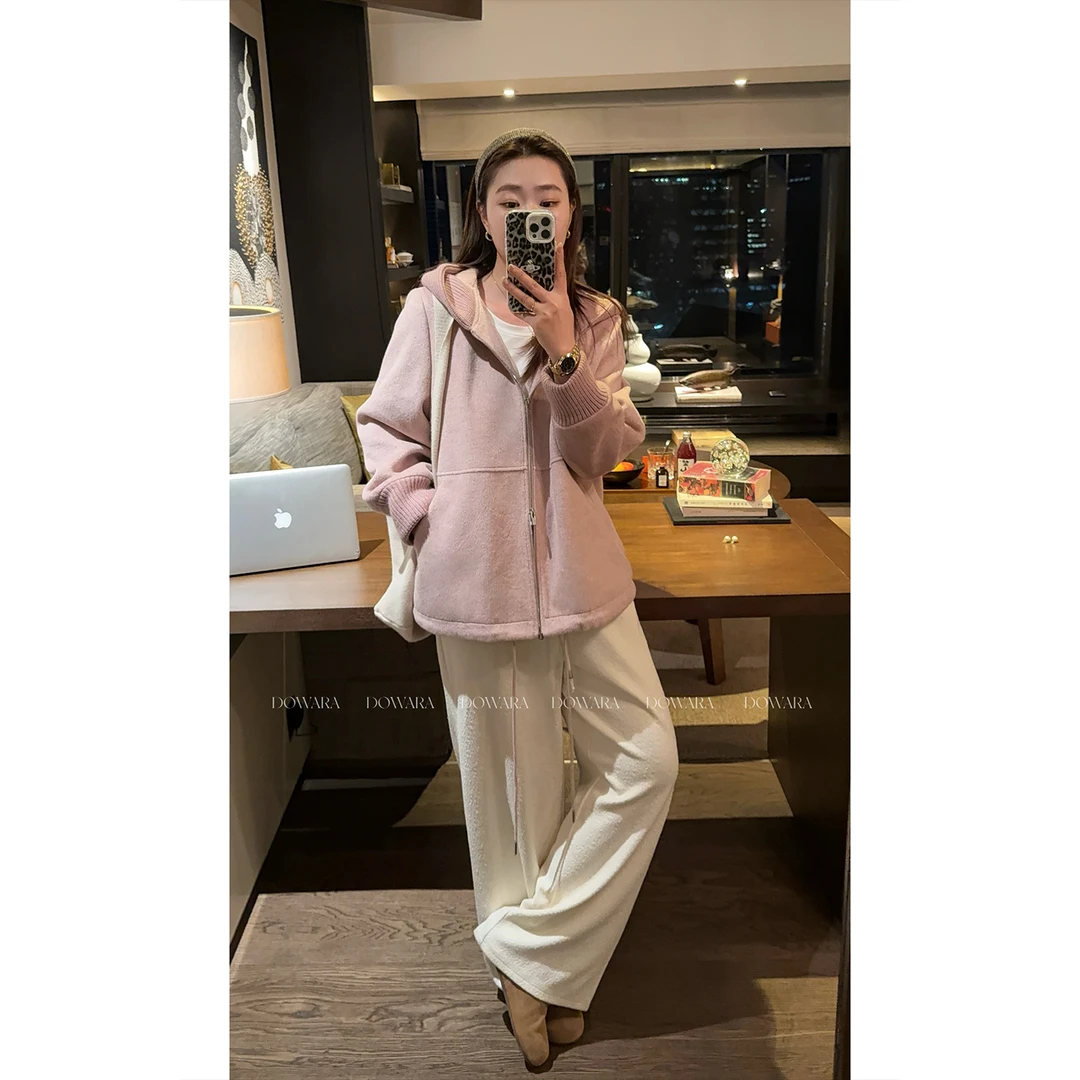 大婉酱微胖定制韩系氛围感针织拼接双面呢外套显瘦连帽上衣1137D